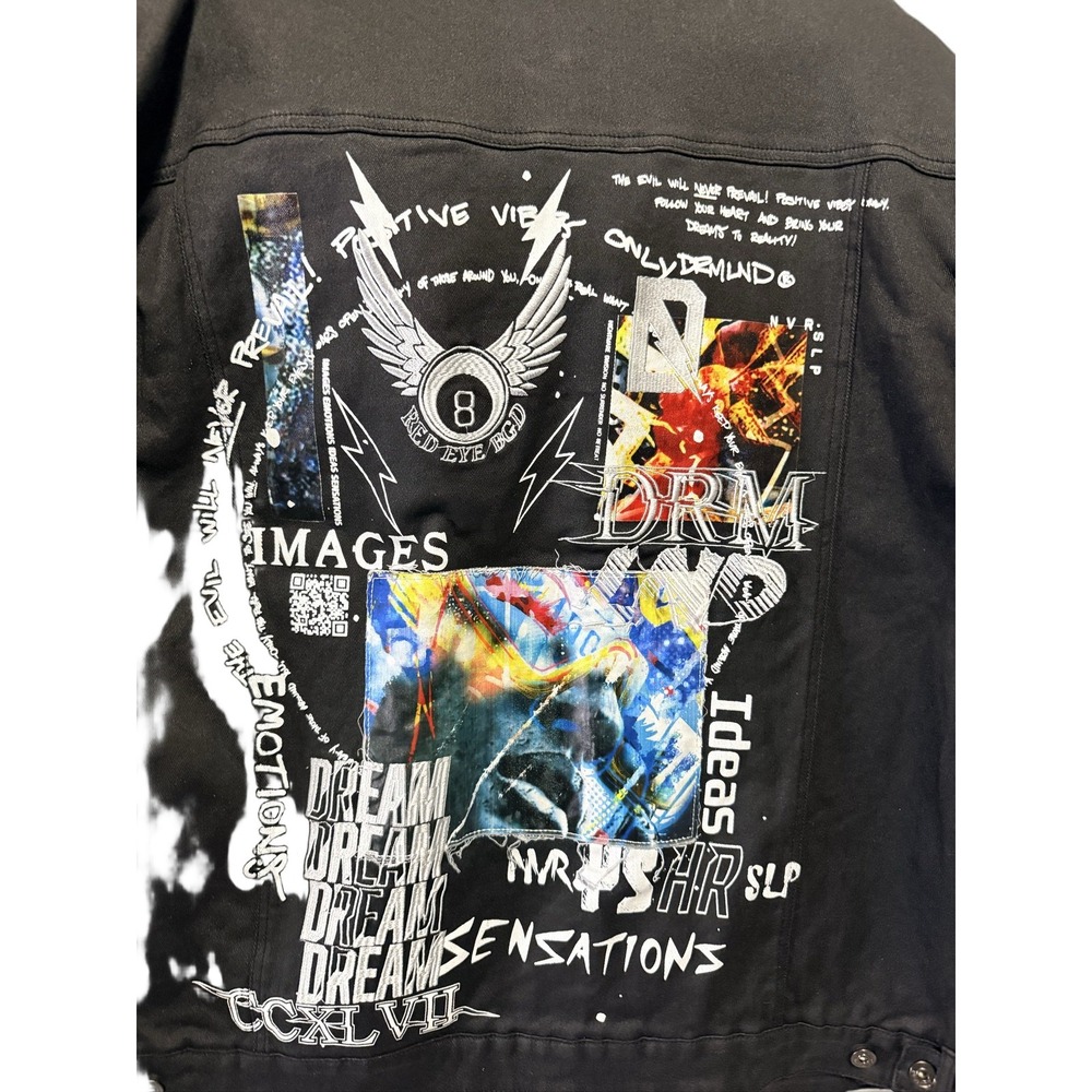 DREAMLAND Men's 4XL Big & Tall Black Denim Bomber Jacket Quilted Graphic Print